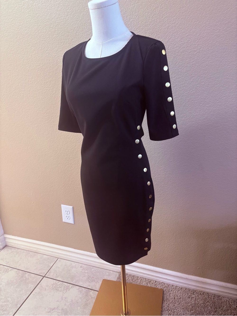 Haute Monde Black Midi Sheath Dress with Gold Buttons